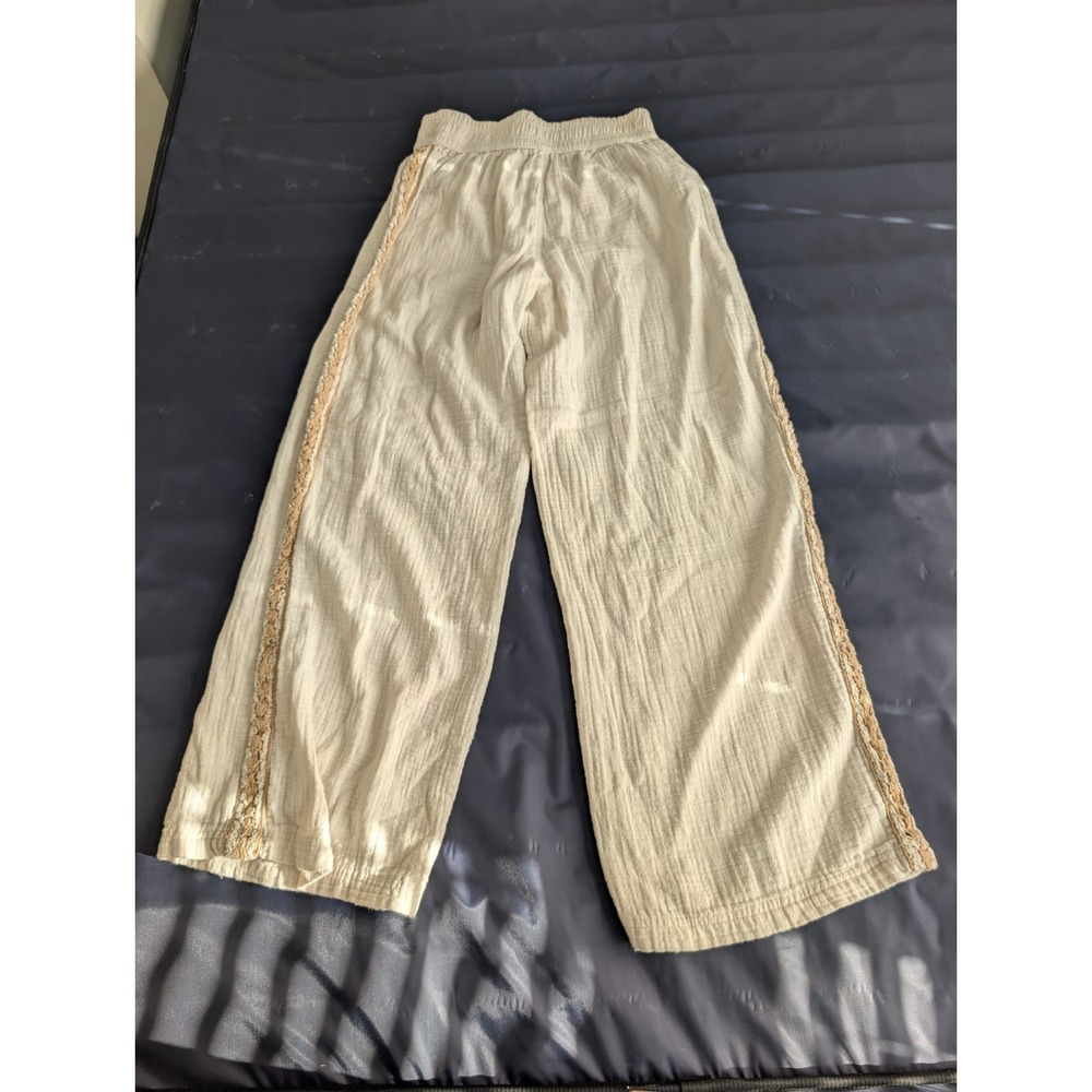 Aerie Women XS Beige Wide Leg Pants Elastic Waist Lace Side Trim Gauze Boho - Picture 7 of 9